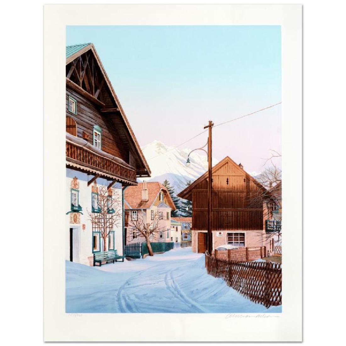 Austrian Village by Nelson, William: "Austrian Village" is a limited edition serigraph on paper by William Nelson, numbered and hand signed by the artist! Measures approx. 19.5" x 26" (with border); 16" x 22" (image).