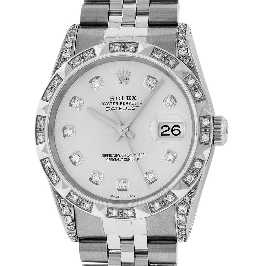 Rolex Mens Stainless Steel Diamond Lugs & Pyramid Bezel: One Mens Rolex Datejust Polished Bright with Satin Finish, Serviced & Electronically Tested, Stainless Steel Case: 36mm, Custom Diamonds On Lugs: 28 Diamonds On Lugs, Color: G to H, Clarity: SI-VS. St