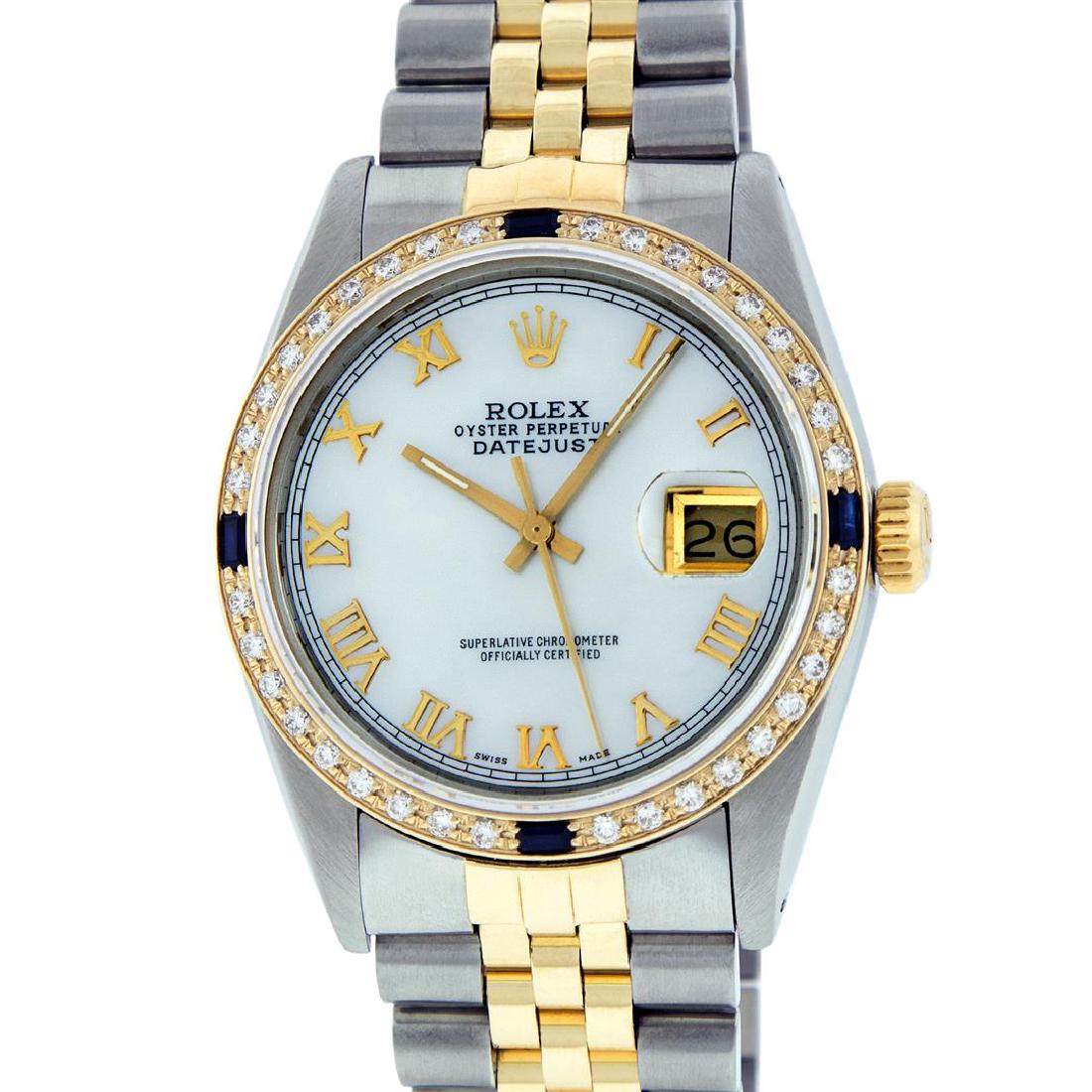Rolex Mens 2 Tone 14K Mother Of Pearl Diamond &: One Mens 14K Yellow Gold Two Tone Rolex Datejust Polished, Serviced & Electronically Tested, 14K Yellow Gold & Stainless Steel Case: 36mm, 14K Yellow Gold Crown, Custom Bezel: 18K Yellow Gold Beadset