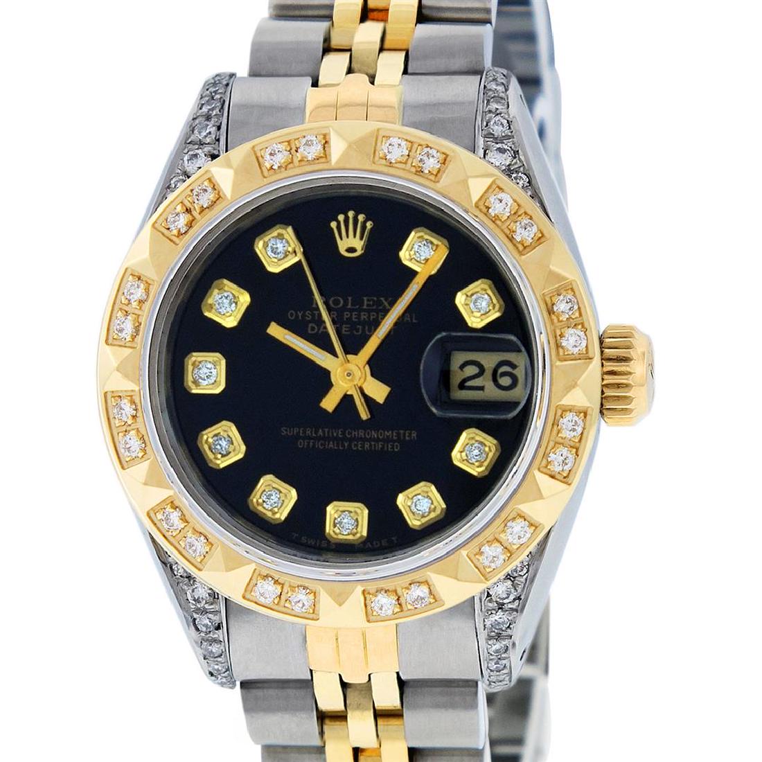 Rolex Ladies 2 Tone 14K Black Diamond & Pyramid Diamond: One Ladies 14K Two Tone Rolex Datejust Polished, Serviced & Electronically Tested, 14K Yellow Gold & Stainless Steel Case: 26mm, 14K Yellow Gold Crown, Diamond Lugs: 24 Diamonds On Lugs, Clarity: SI-V