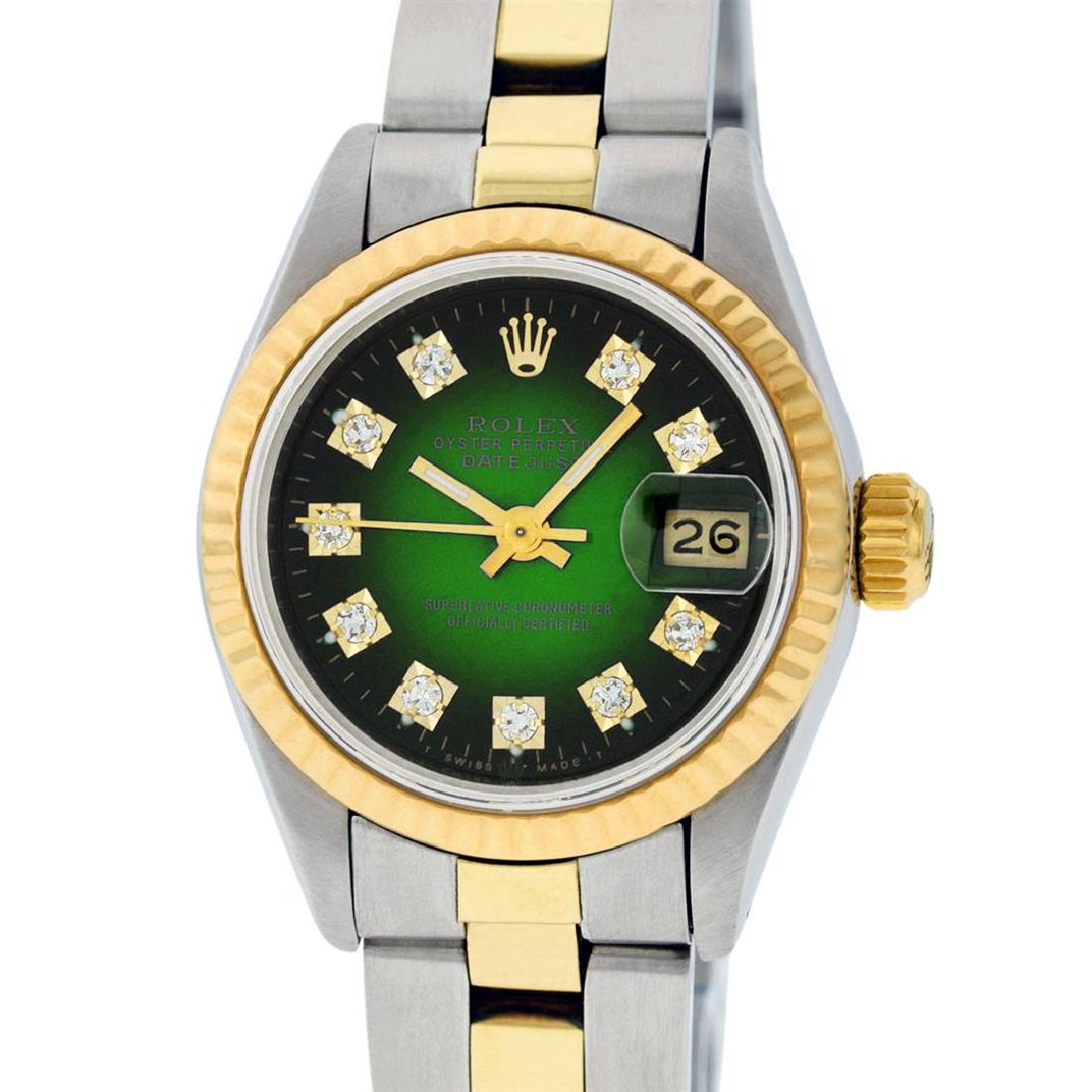 Rolex Ladies 2 Tone 14K Green Vignette Diamond 26MM: One Ladies 14K Two Tone Rolex Datejust Polished, Serviced & Electronically Tested, 14K Yellow Gold & Stainless Steel Case: 26mm, 14K Yellow Gold Crown, Bezel: 14K Yellow Gold Fluted Bezel. Custom Crys