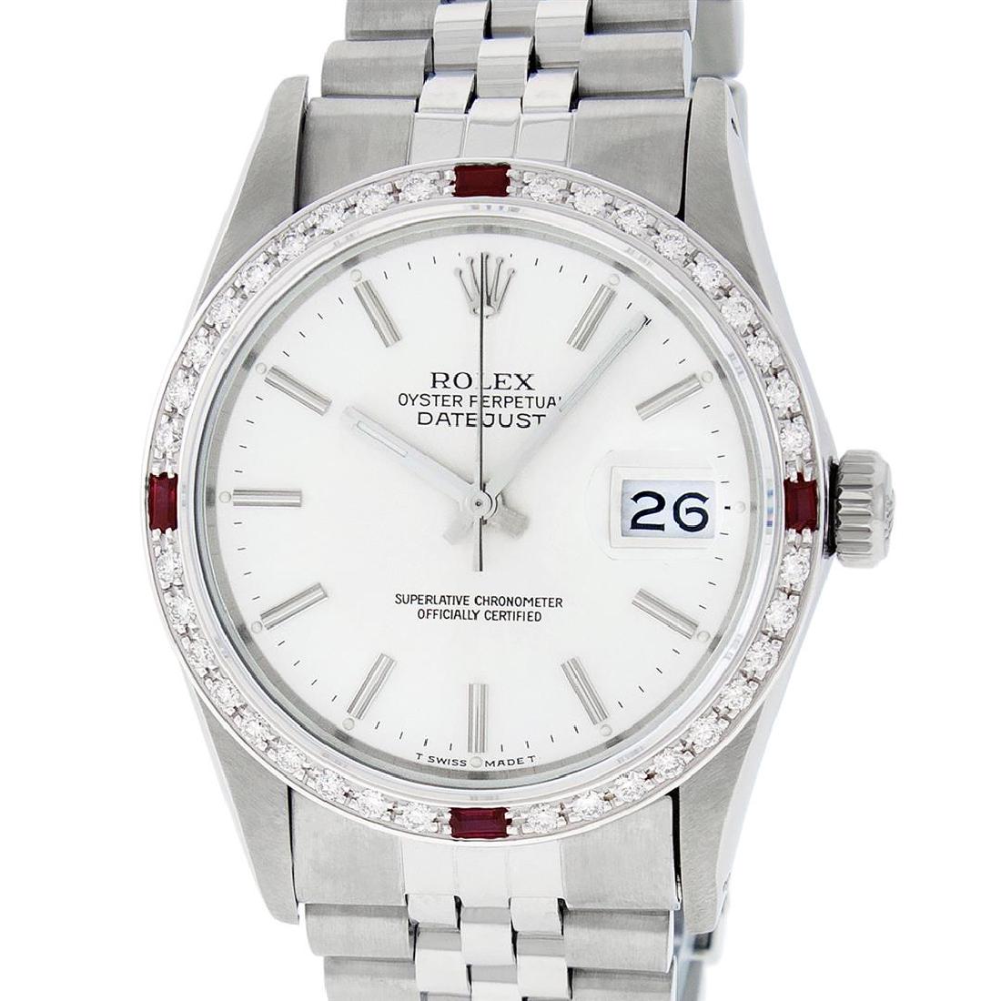 Rolex Mens Stainless Steel Silver Index Diamond & Ruby: One Mens Stainless Steel Rolex Datejust Polished Bright with Satin Finish, This Watch Has Been Serviced & Electronically Tested, Stainless Steel Case: 36mm, Stainless Steel Crown, Custom Bezel: New 18