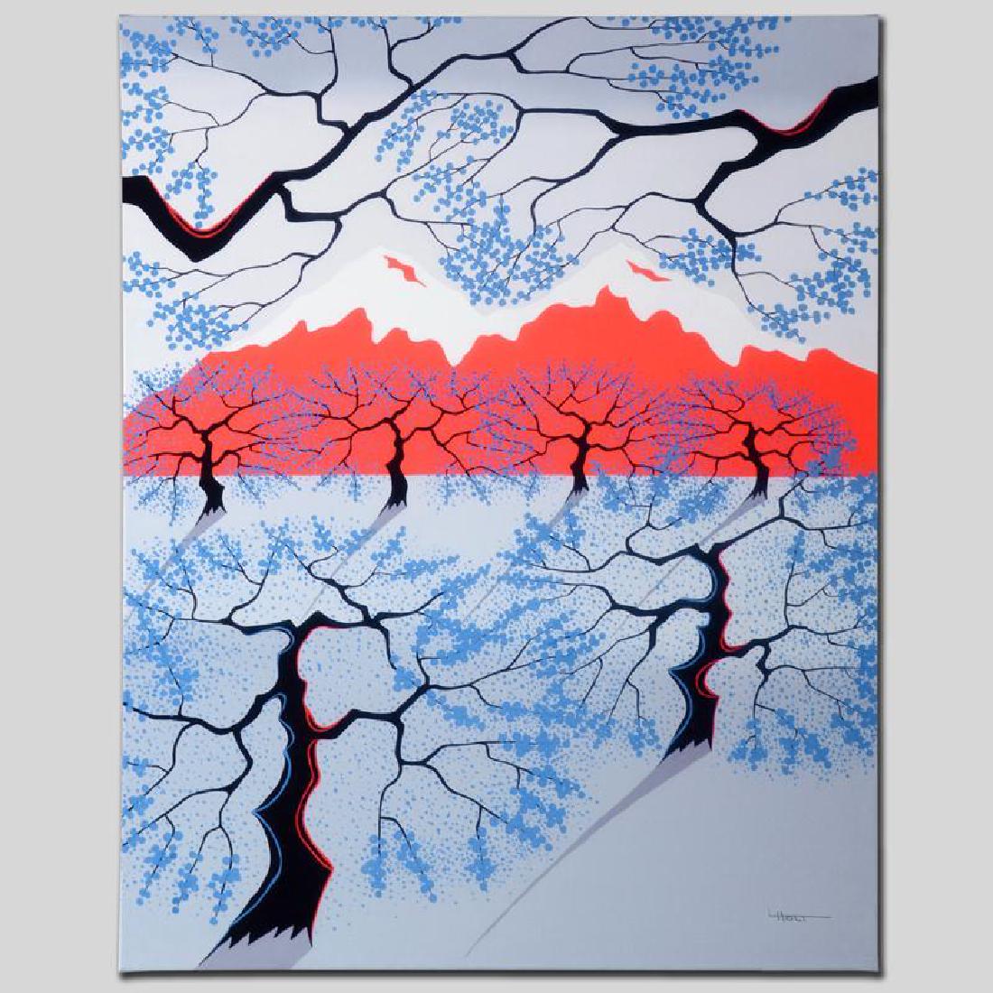 Red Mountains by Holt, Larissa: Larissa Holt, a student of distinguished artist Eyvind Earle(1916-2000), uses bold colors and breathtaking scenery to create images of Nature in her own unique style. "Red Mountains" is a limited edit
