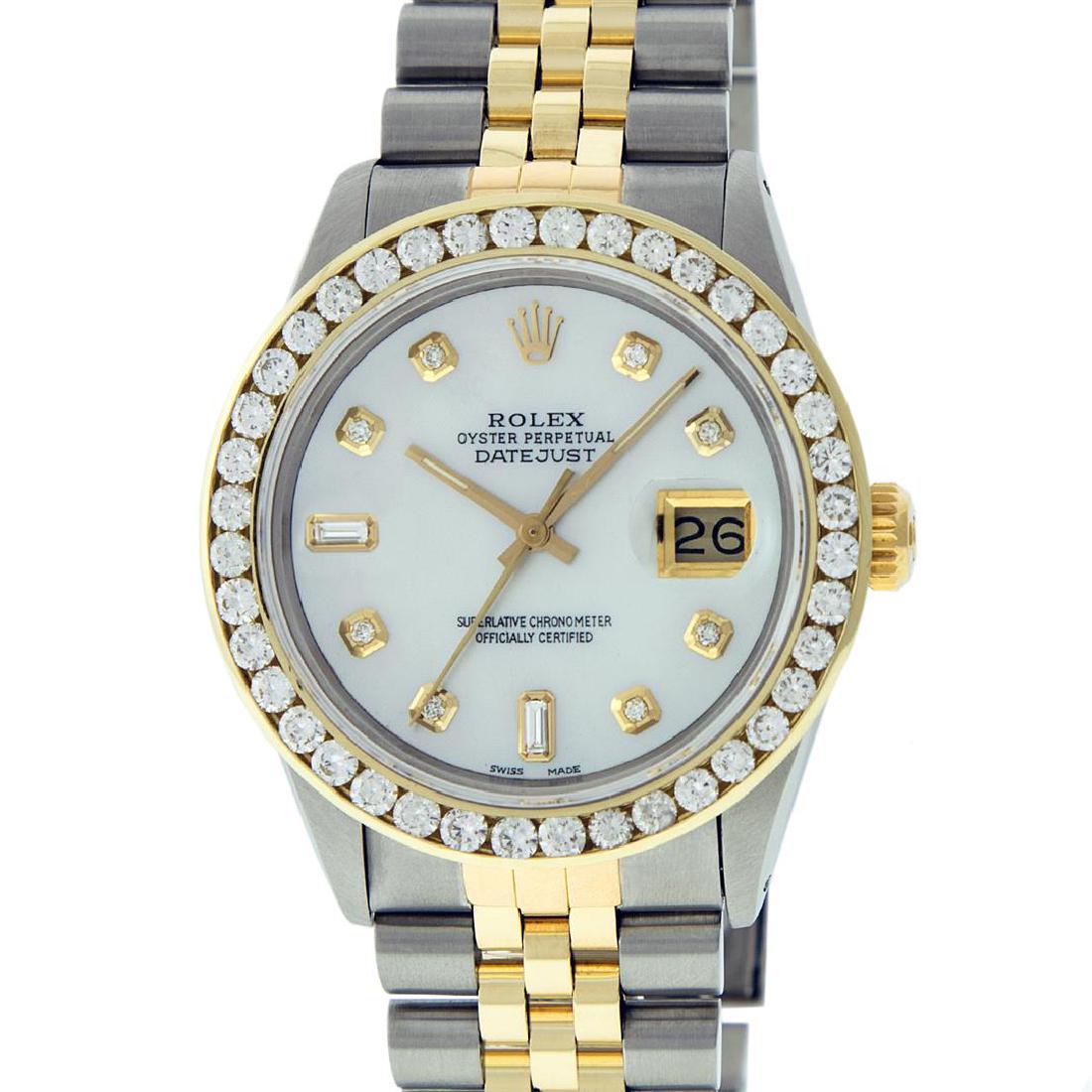 Rolex Mens 2 Tone Mother Of Pearl 3 ctw Channel Set: One Mens 14K Yellow Gold Rolex Datejust Polished Bright with Satin Finish, Serviced & Electronically Tested, Stainless Steel Case: 36mm, Yellow Gold Crown, Custom Bezel: New 18K Yellow Gold 3ct Channe