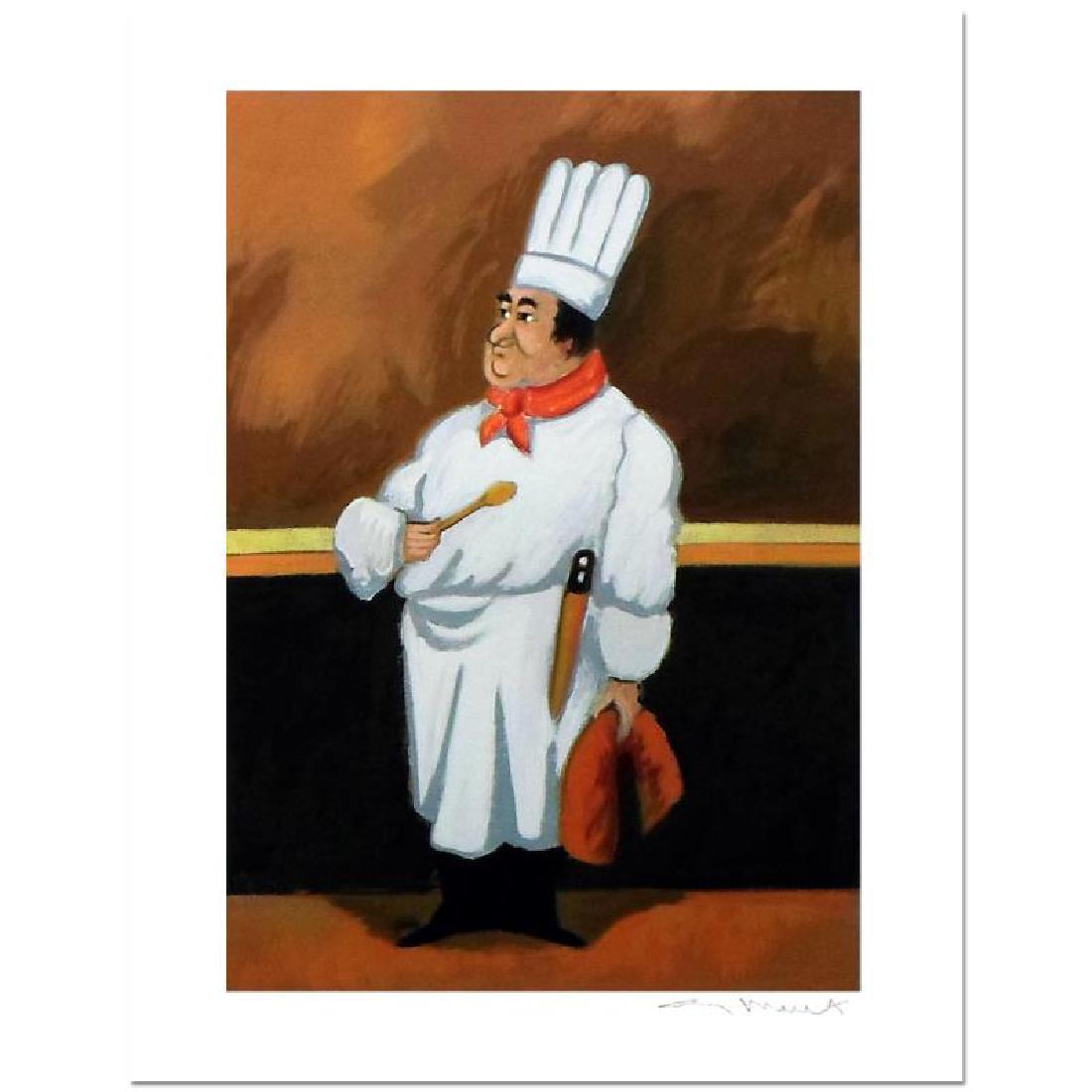 Chef Albert by Buffet, Guy: "Chef Albert" is a limited edition serigraph on paper by Guy Buffet. It is numbered, hand-signed by the artist, and comes with a Certificate of Authenticity. Measures approx. 13.5" x 19.5" (image).