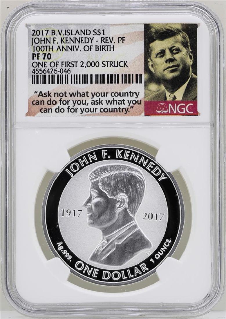 2017 British Virgin Islands $1 John F. Kennedy Reverse: One 2017 British Virgin Islands $1 John F. Kennedy Reverse Proof Coin NGC PF70. NGC Certified.