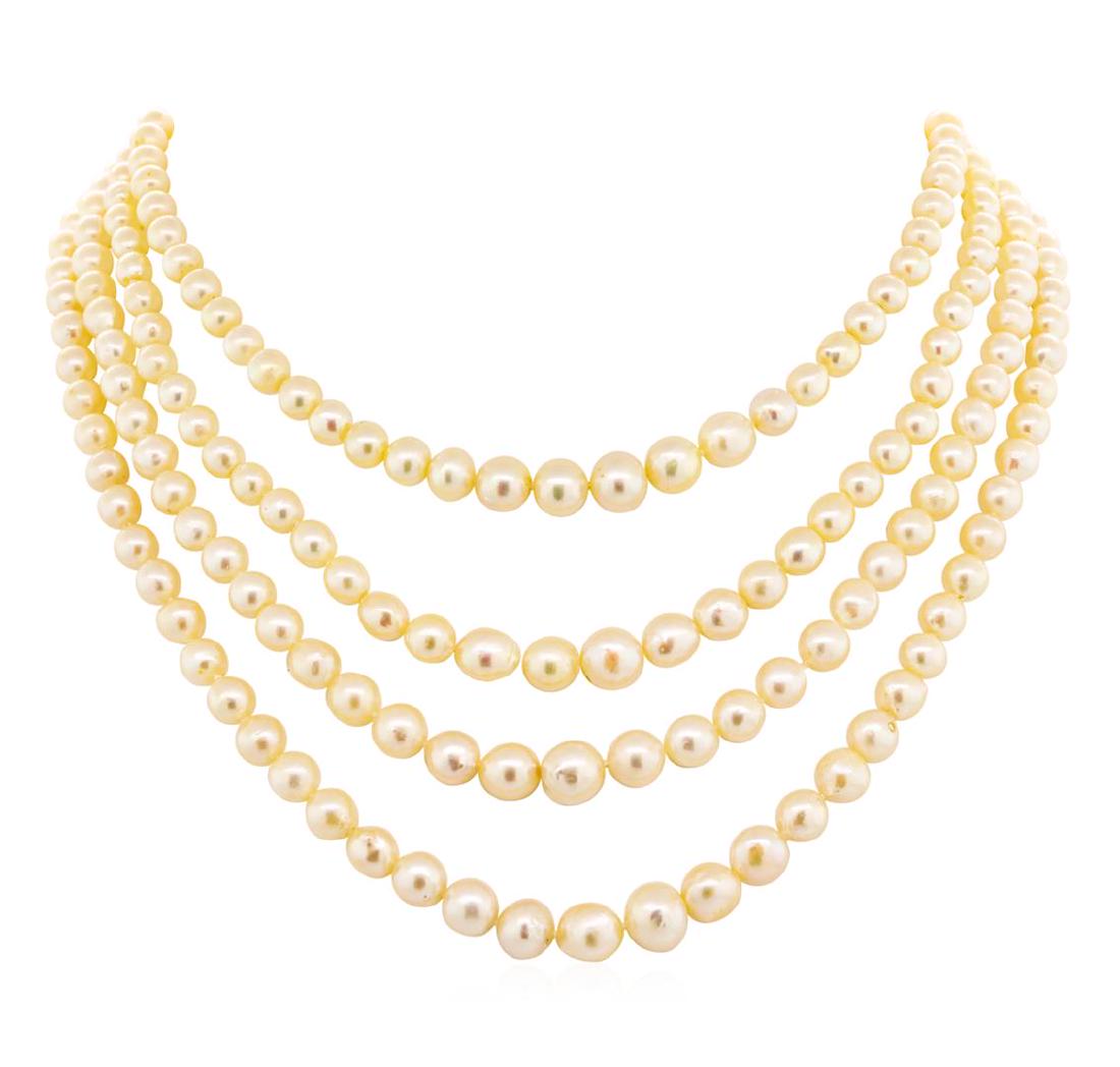 Four Strand Pearl Choker Necklace with 14KT White Gold: One lady's four strand graduated pearl choker necklace measuring fifteen inches in length with a 14KT white gold clasp weighing 3.0 grams. The pearls are off-round range in size from 5.0 to 9.0mm.