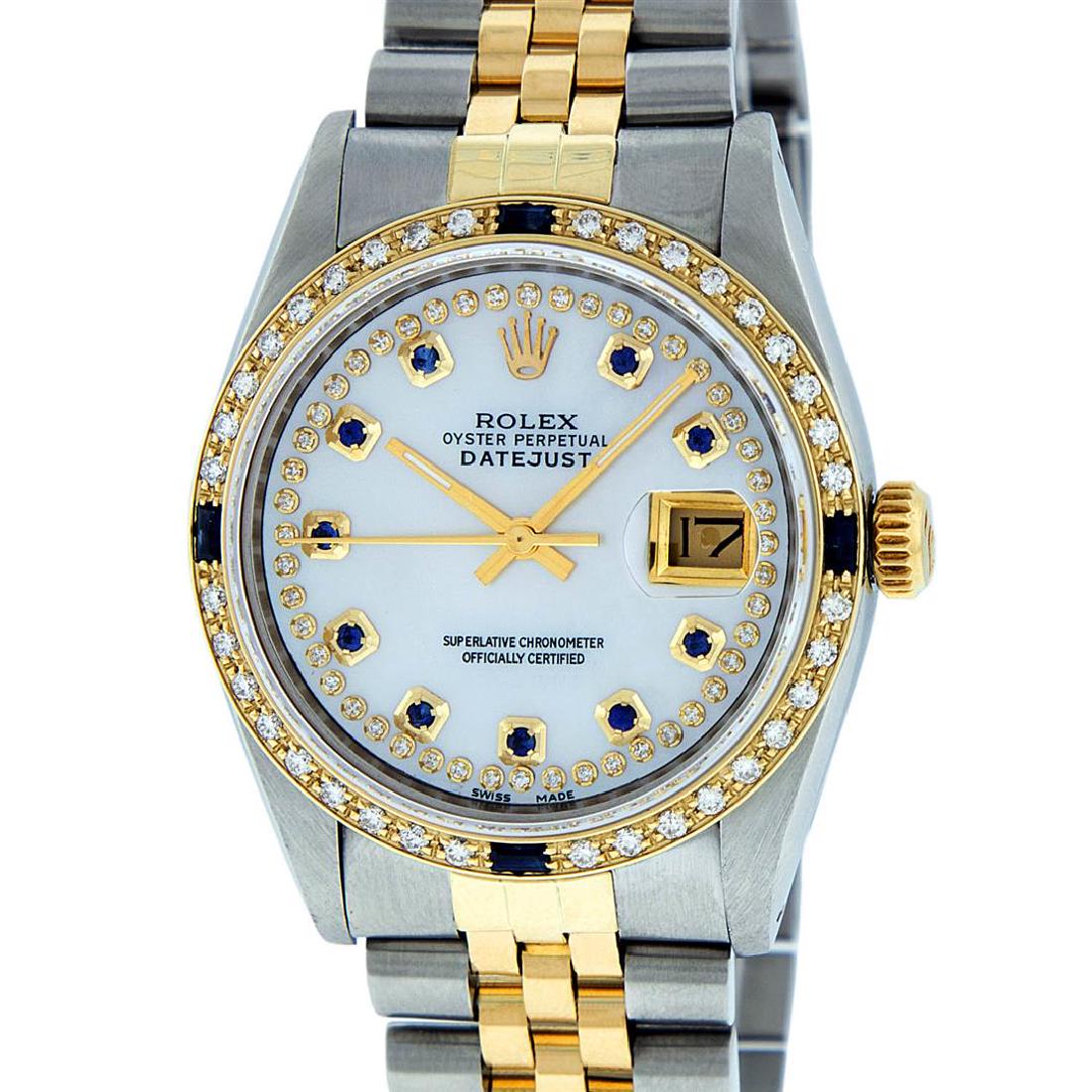 Rolex Mens 2 Tone 14K Mother Of Pearl Diamond &: One Mens 14K Yellow Gold Two Tone Rolex Datejust Polished, Serviced & Electronically Tested, 14K Yellow Gold & Stainless Steel Case:36mm, 14K Yellow Gold Crown, Custom Bezel: New 18K Yellow Gold Sapph