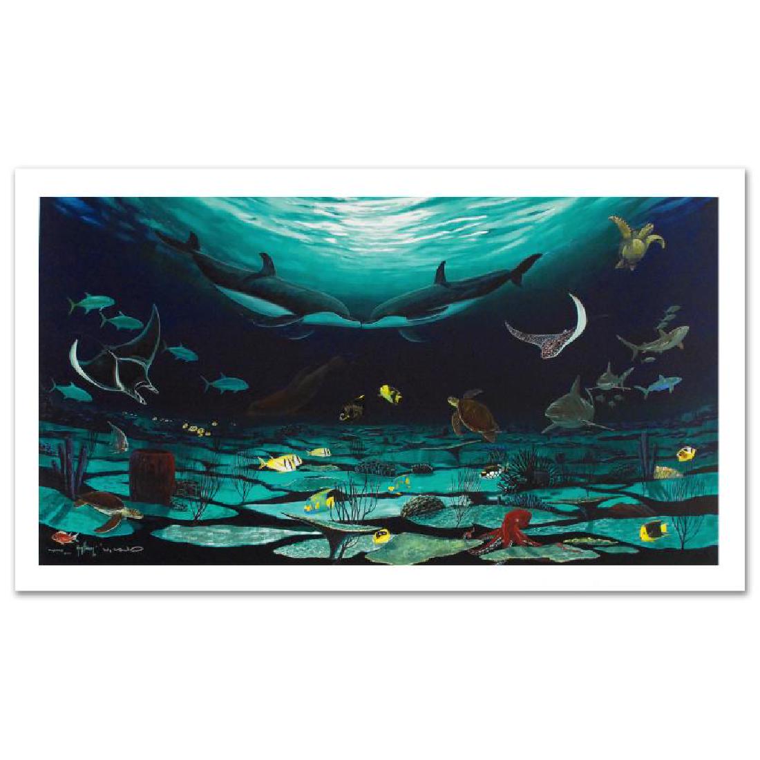Loving Sea by Wyland: Journey into a world of lifelike imagery and captivating color with this breathtaking collaboration between artists Guy Harvey and Wyland! "Loving Sea" is a limited edition giclee on canvas. Numbered 