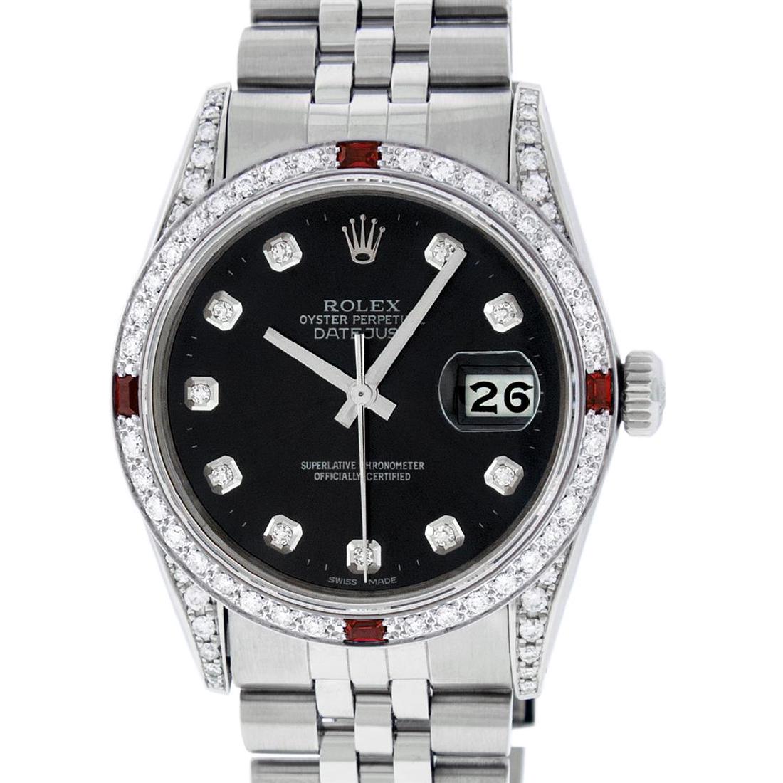 Rolex Mens Stainless Steel Black Diamond Lugs & Ruby: One Mens Rolex Datejust Polished Bright with Satin Finish, Serviced & Electronically Tested, Stainless Steel Case: 36mm, Custom Diamond Lugs: 28 Diamonds In Lugs, Color: G to H, Clarity: SI-VS. Stainl
