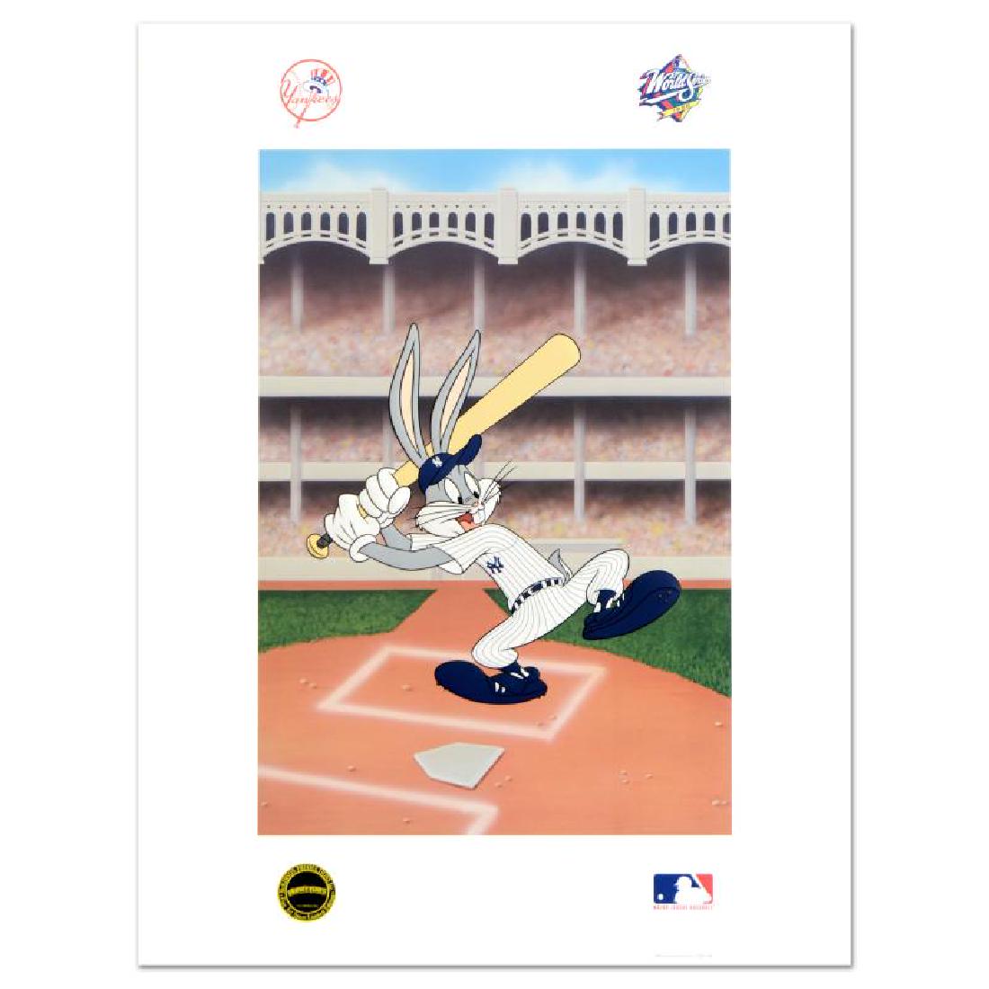 Bugs Bunny at Bat for the Yankees by Looney Tunes: "Bugs Bunny at Bat for the Yankees" is an embossed collectible lithograph on paper by Looney Tunes depicting the cartoon favorite, Bugs Bunny, winding up to hit one out of the park, marked with the ML