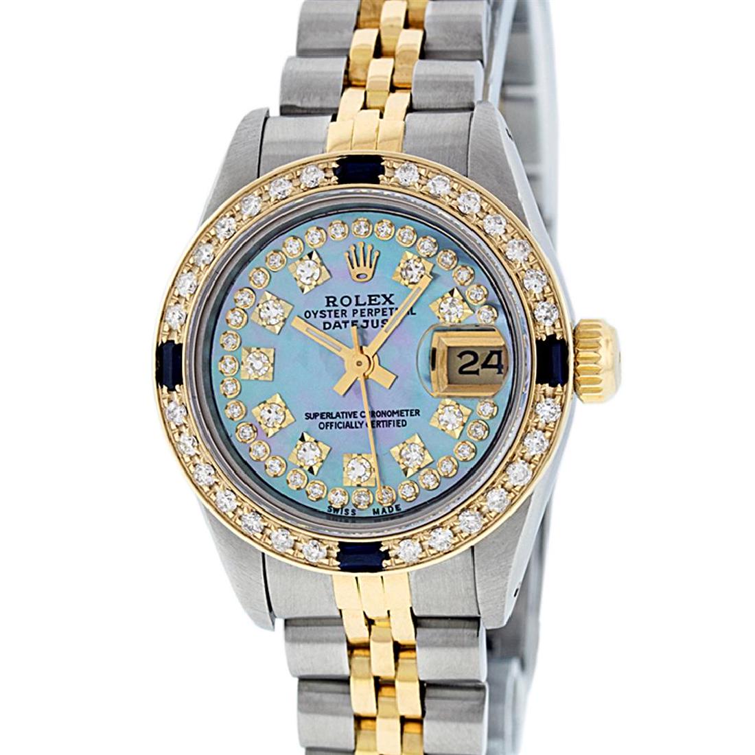 Rolex Ladies 2 Tone 14K Blue MOP Diamond & Sapphire: One Ladies 14K Two Tone Rolex Datejust Polished, Serviced & Electronically Tested, 14K Yellow Gold & Stainless Steel Case: 26mm, 14K Yellow Gold Crown, Custom Bezel: New 18K New Yellow Gold Beadset +