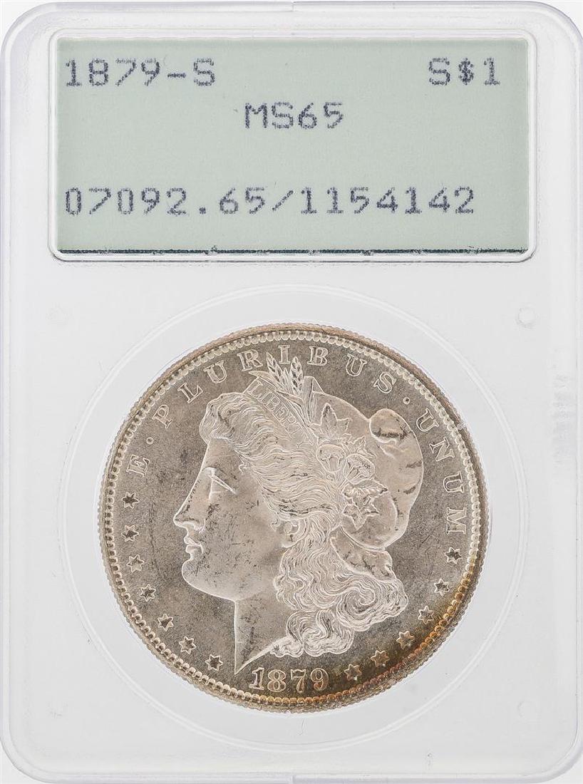 1879-S $1 Morgan Silver Dollar Coin PCGS MS65 Old Green: One 1879-S $1 Morgan Silver Dollar Coin PCGS MS65 Old Green Rattler. PCGS Certified.