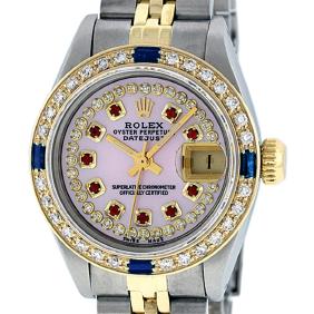 Rolex Ladies 2 Tone 14K Pink MOP Ruby & Sapphire