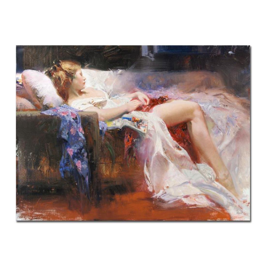 Sweet Repose by Pino (1939-2010): "Sweet Repose" is a limited edition giclee on stretched canvas that has been hand-embellished by Pino himself, AP Numbered and Hand signed by Pino (1939-2010). Includes Certificate of Authenticity. Me