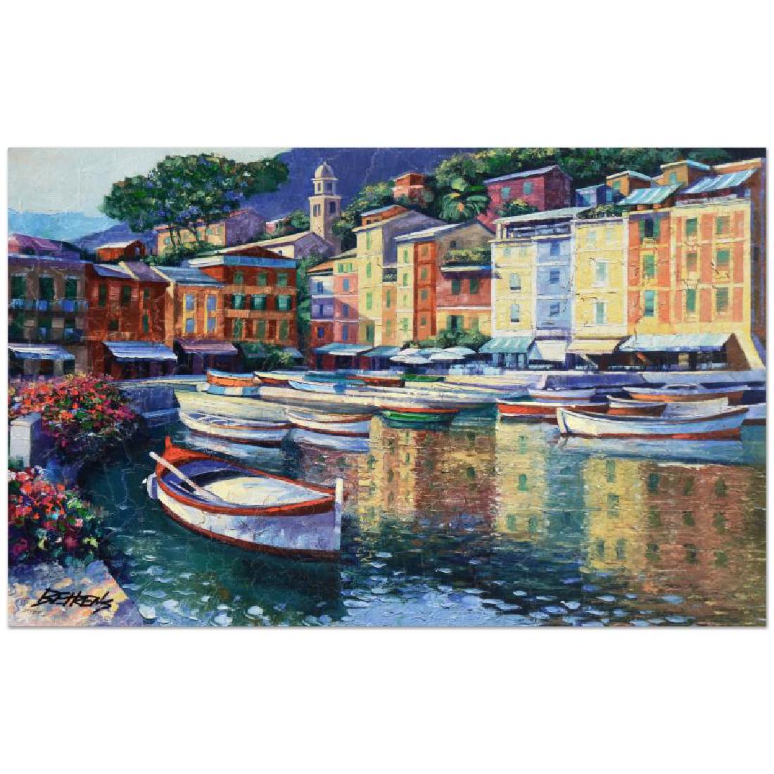 Portofino Harbor by Behrens (1933-2014): "Portofino Harbor" is a limited edition hand embellished giclee on canvas with a crackled vecchia finish by Howard Behrens (1933-2014), numbered and hand signed by the artist. Includes Certificate of 
