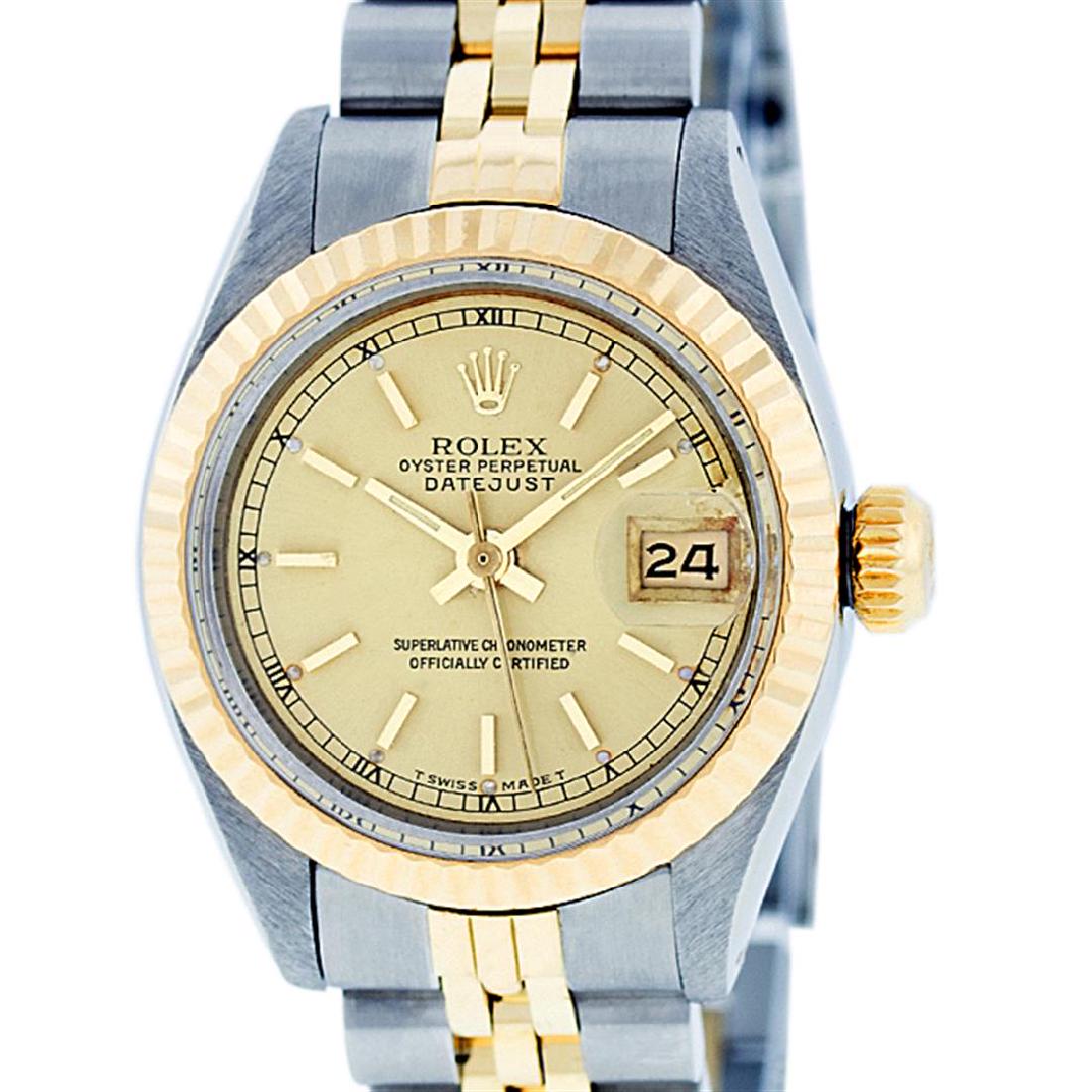 Rolex Ladies 2 Tone 14K Yellow Gold & Stainless Steel: One Ladies 14K Two Tone Rolex Datejust Polished, Serviced & Electronically Tested, 14K Yellow Gold & Stainless Steel Case: 26mm, 14K Yellow Gold Crown, Bezel: 14K Yellow Gold Fluted Bezel. Custom Crys