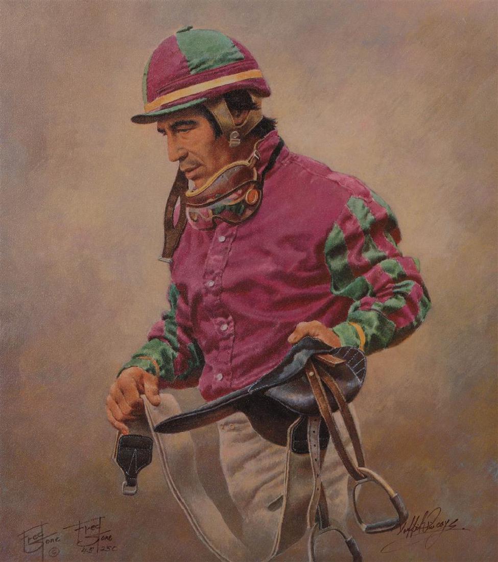 "Laffit" Canvas Lithograph by Fred Stone - #45/250 with: Limited edition canvas print of "Laffit" by artist Fred Stone, #45/250. The print is signed and numbered in the artists' hand, and also signed by the jockey. Comes with COA.