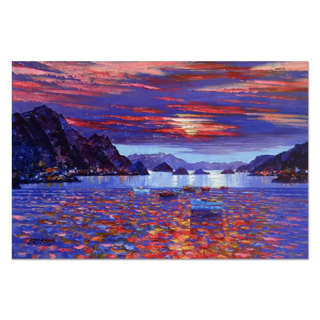 Amalfi Sunset by Behrens (1933-2014): "Amalfi Sunset" is a limited edition texturized giclee on board by Howard Behrens (1933-2014), numbered and bears the artist's official signature. A texturized giclee is a proprietary medium where a m