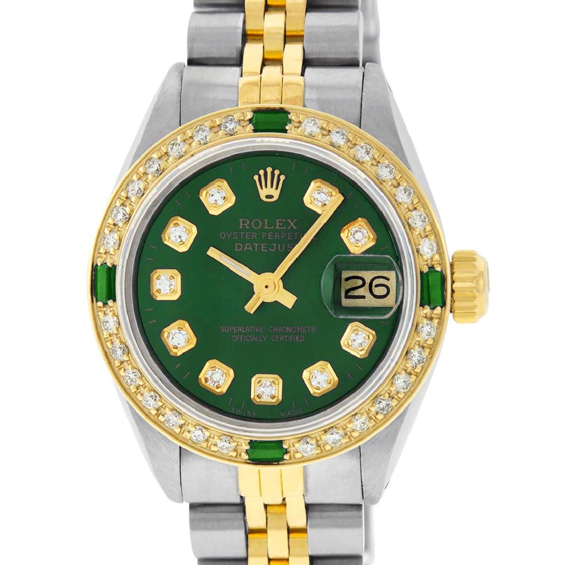 Rolex Ladies 2 Tone Green Diamond & Emerald Datejust: One Ladies 14K Two Tone Rolex Datejust Polished, Serviced & Electronically Tested, 14K Yellow Gold & Stainless Steel Case: 26mm, 14K Yellow Gold Crown, Custom Bezel: New 18K Yellow Gold Emerald Beadse