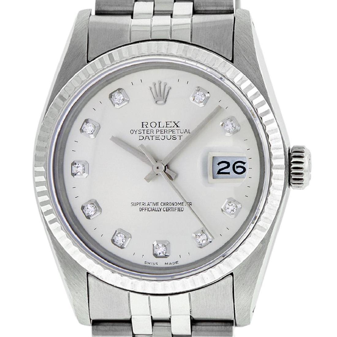 Rolex Mens Stainless Silver Diamond 36MM Datejust: One Mens Stainless Steel Rolex Datejust Polished Bright with Satin Finish, This Watch Has Been Serviced & Electronically Tested, Stainless Steel Case: 36mm, Stainless Steel Crown, Bezel: 14K White Gol