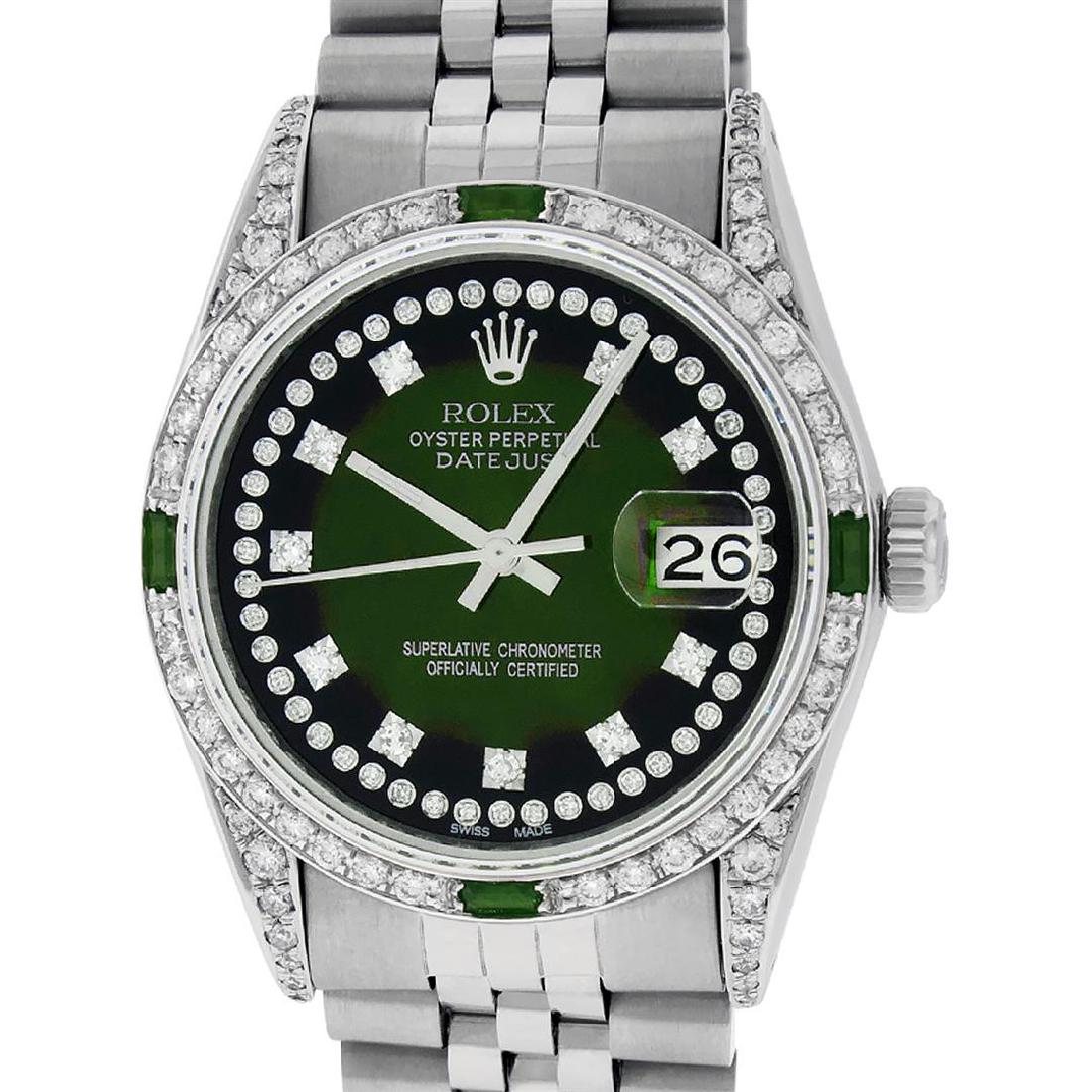 Rolex Mens Stainless Steel Diamond Lugs Green Vignette: One Mens Rolex Datejust Polished Bright with Satin Finish, Serviced & Electronically Tested, Stainless Steel Case: 36mm, Custom Diamond Lugs: 28 Diamonds In Lugs, Color: G to H, Clarity: SI-VS. Stainl