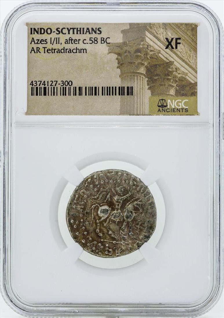 58 BC Indo Scythians Azes I/II AR Tetradrachm Coin NGC: One 58 BC Indo Scythians Azes I/II AR Tetradrachm Coin NGC XF. NGC Certified.