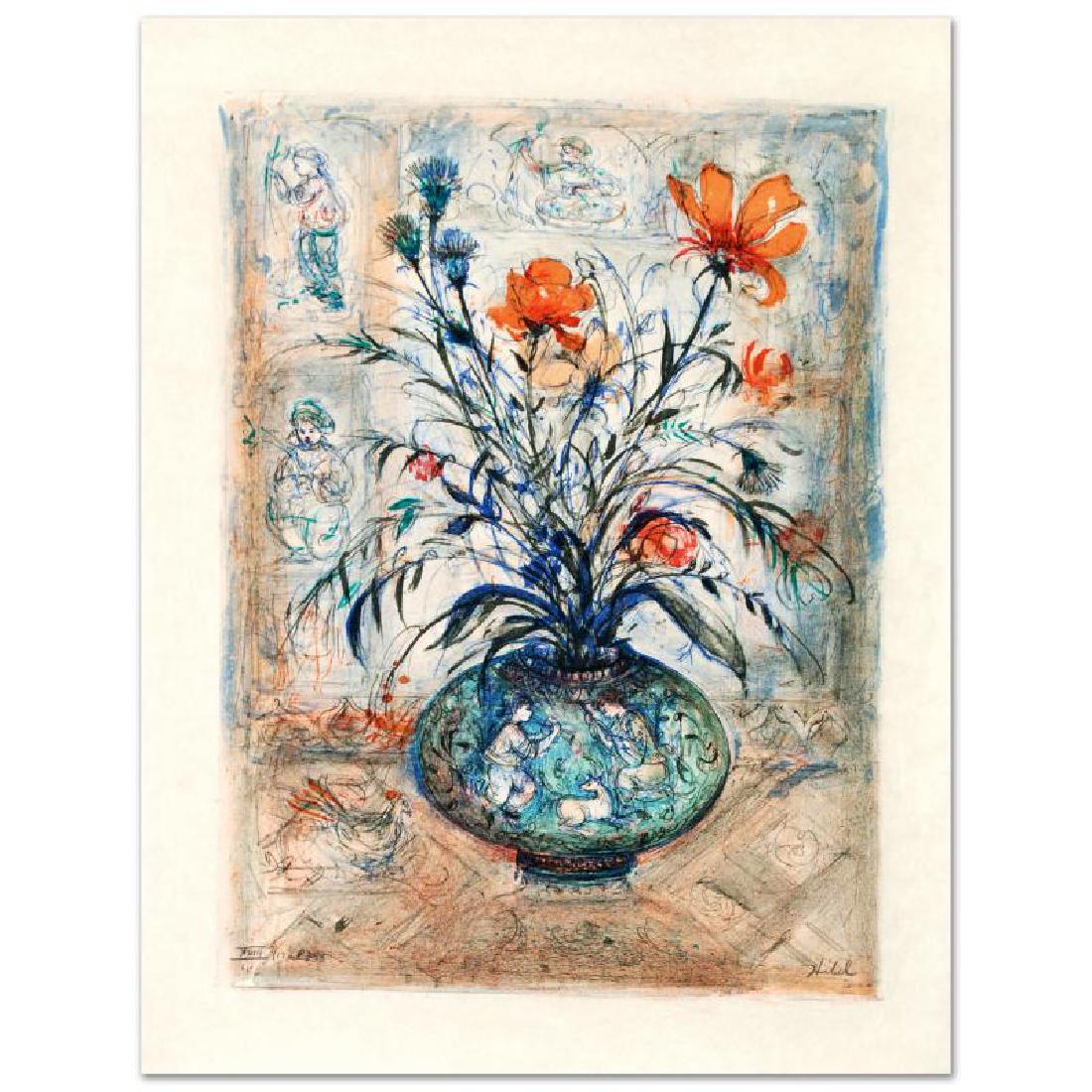 Thistle Rose and a Day Lily by Hibel (1917-2014): "Thistle Rose and a Day Lily" is a limited edition lithograph on rice paper, numbered and hand signed by Edna Hibel (1917-2014). Includes Certificate of Authenticity! Measures approx. 19.5" x 25.5" (w