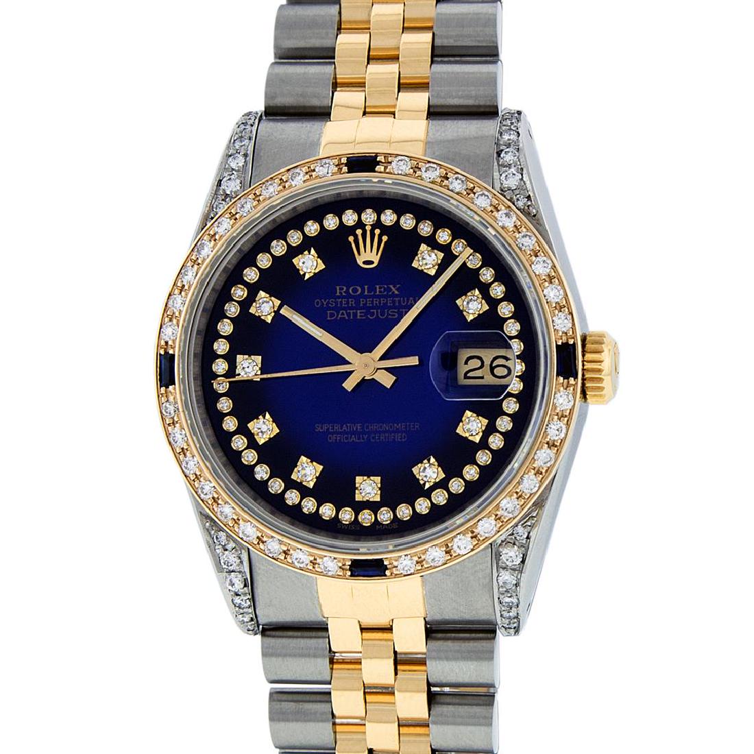Rolex Mens 2 Tone 14K Lugs Blue Vignette Diamond String: One Mens 14K Yellow Gold Rolex Datejust Polished Bright with Satin Finish, Serviced & Electronically Tested, Stainless Steel Case: 36mm, Custom Diamond Lugs: 28 Diamonds On Lugs, Color: G to H, Clarit