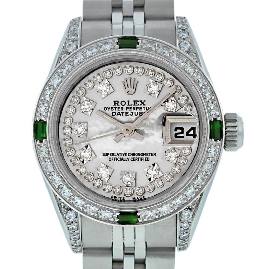 Rolex Ladies Stainless Steel Diamond Lugs MOP String: One Ladies Stainless Steel Rolex Datejust Polished Bright with Satin Finish, Serviced & Electronically Tested, Stainless Steel Case: 26mm, Stainless Steel Crown, Diamond Lugs: 24 Diamonds On Lugs, Cla