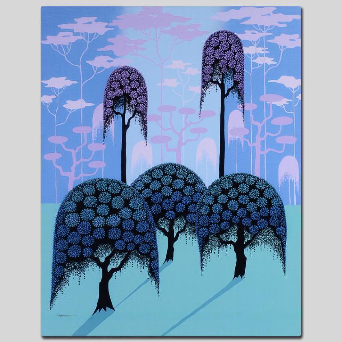 Veiled Forest by Holt, Larissa: Larissa Holt, a student of distinguished artist Eyvind Earle (1916-2000), uses bold colors and breathtaking scenery to create images of Nature in her own unique style. "Veiled Forest" is a limited edi