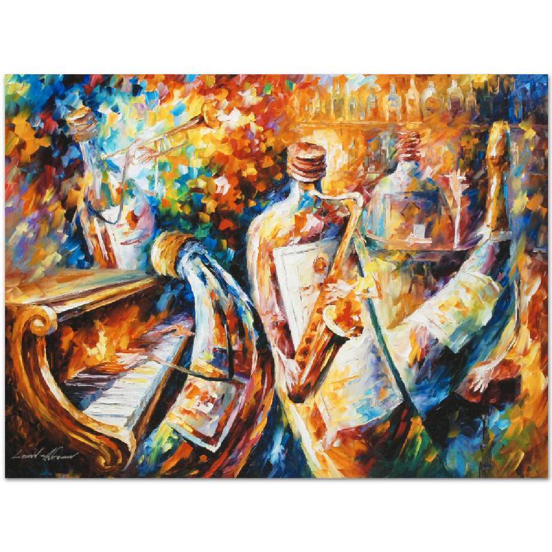 Bottle Jazz I by Afremov, Leonid: Leonid Afremov's masterful use of color and texture make his paintings unique collectibles that are sure to brighten any wall. "Bottle Jazz I" is a limited edition giclee on canvas. The piece is numbe