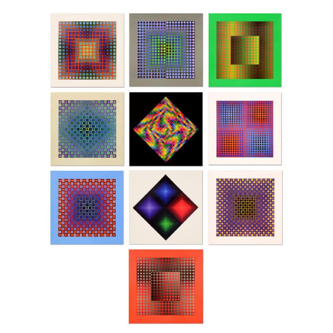 Folklore Planetaire (Portfolio) by Vasarely (1908-1997): "Folklore Planetaire Portfolio" includes 10 heliogravure prints on paper from the Editions du Griffon (1971) by Victor Vasarely (1908-1997). Each piece is titled and dated inverso. Each Piece measures