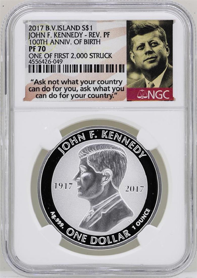 2017 British Virgin Islands $1 John F. Kennedy Reverse: One 2017 British Virgin Islands $1 John F. Kennedy Reverse Proof Coin NGC PF70. NGC Certified.