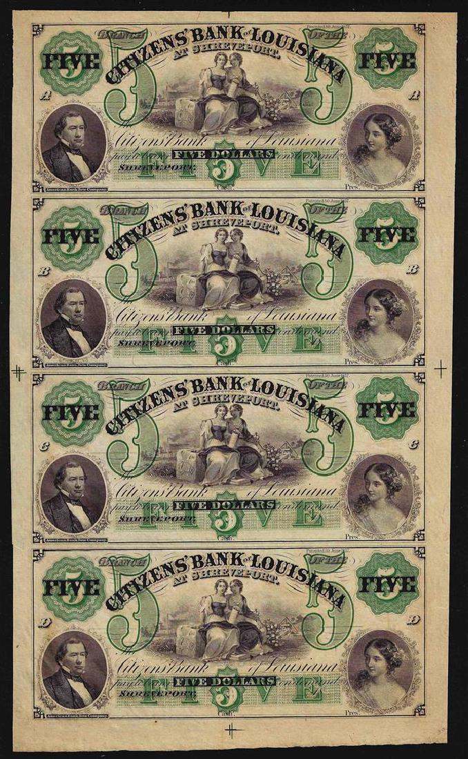 Uncut Sheet of $5 Citizens Bank of Louisiana Obsolete: One Uncut Sheet of $5 Citizens Bank of Louisiana Obsolete Notes.