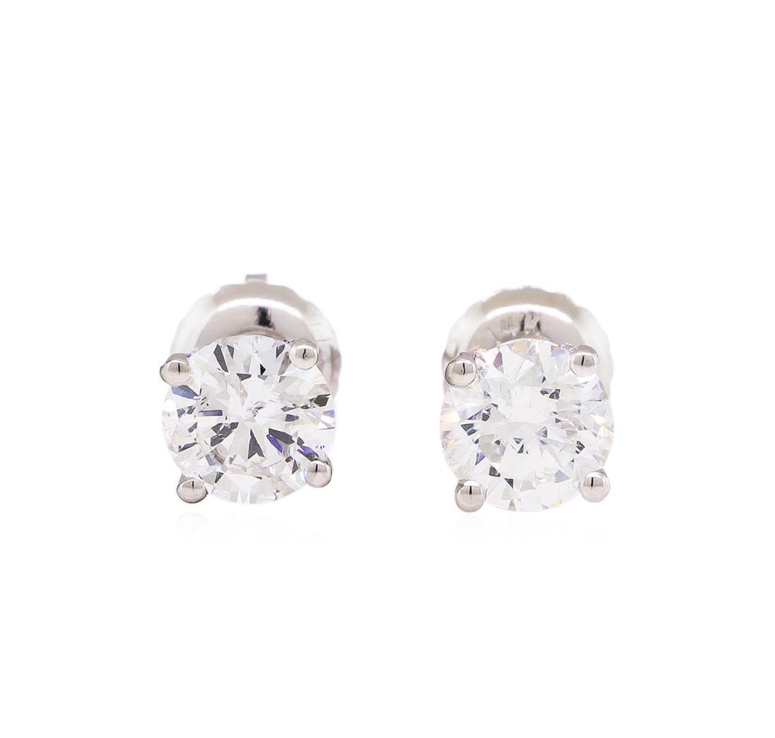 1.00 ctw Diamond Stud Earrings - 14KT White Gold: One pair electronically tested 14KT white gold lady's combination cast & assembled 4-prong stud earrings with threaded posts and screw-on/screw-off backs with a bright polish finish. Identified with m