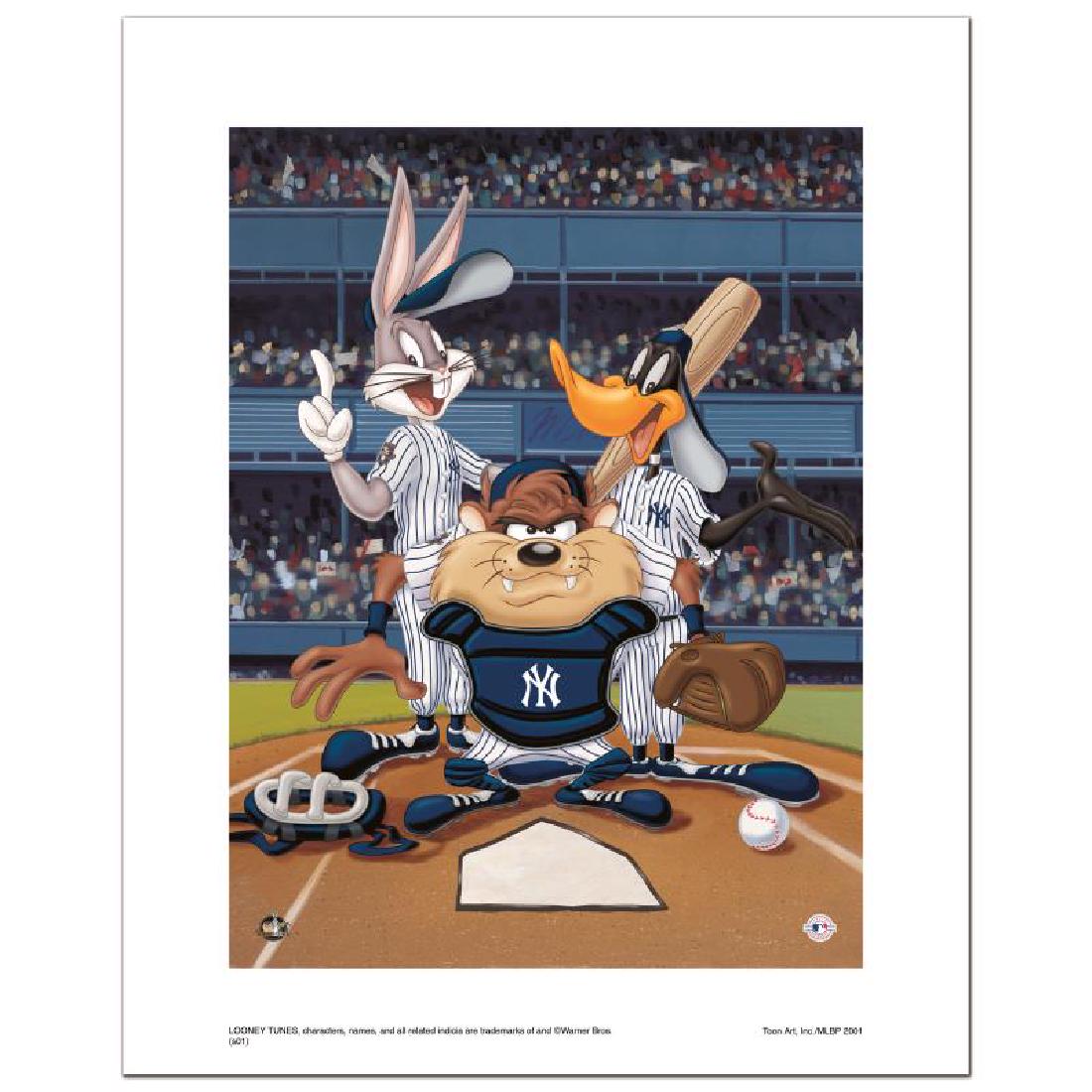 At the Plate (Yankees) by Looney Tunes: "At the Plate (Yankees)" is a limited edition giclee on paper from Warner Bros. featuring iconic Looney Tunes characters in New York Yankees MLB uniforms. It comes numbered, with hologram seal, and a 