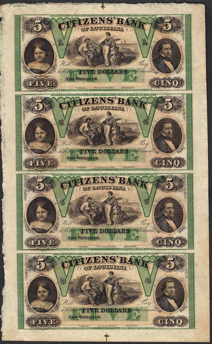 Uncut Sheet of 1800's $5 Citizens Bank of Louisiana: One Uncut Sheet of 1800's $5 Citizens Bank of Louisiana Obsolete Notes.