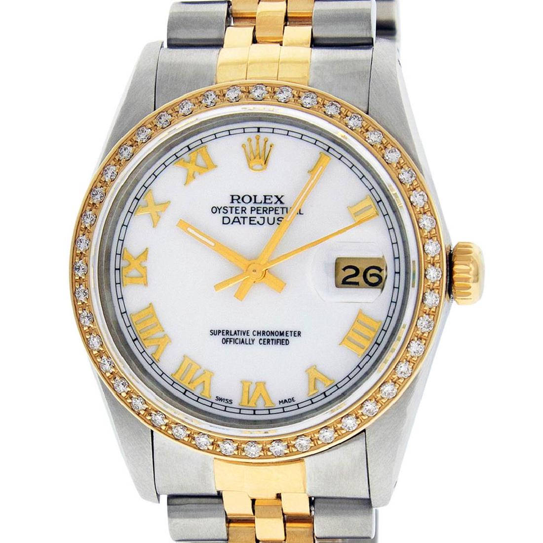 Rolex Mens 2 Tone 14K Mother Of Pearl Diamond 36MM: One Mens 14K Yellow Gold Two Tone Rolex Datejust Polished, Serviced & Electronically Tested, 14K Yellow Gold & Stainless Steel Case: 36mm, 14K Yellow Gold Crown, Custom Bezel: 18K Yellow Gold Beadset