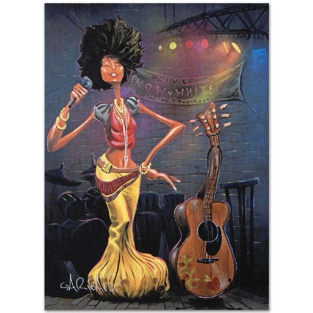 Snow White by Garibaldi, David: Combining his passions for music and art, David Garibaldi creates visual poetry. "Snow White" is a limited edition giclee on stretched canvas, CC numbered from the miniature series and bearing the art