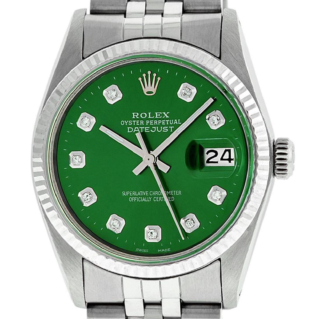Rolex Mens Stainless Steel Green Diamond 36MM Datejust: One Mens Stainless Steel Rolex Datejust Polished Bright with Satin Finish, This Watch Has Been Serviced & Electronically Tested, Stainless Steel Case: 36mm, Stainless Steel Crown, Bezel: 14K White Gol