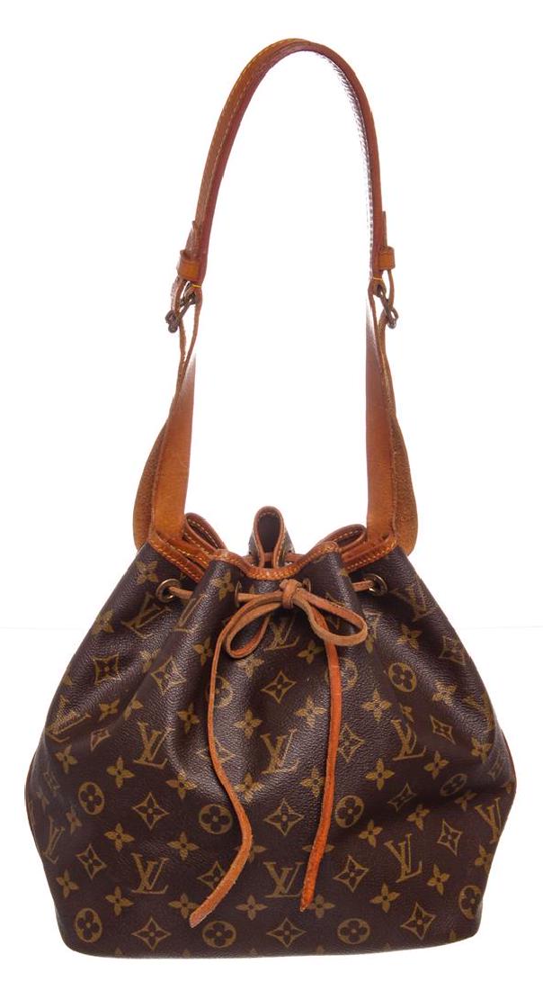 Louis Vuitton Monogram Canvas Leather Noe PM Drawstring: Brown and tan monogram coated canvas Louis Vuitton Noe PM with brass hardware, tan vachetta leather accents, adjustable flat shoulder strap, brown canvas interior and drawstring tie closure at top.