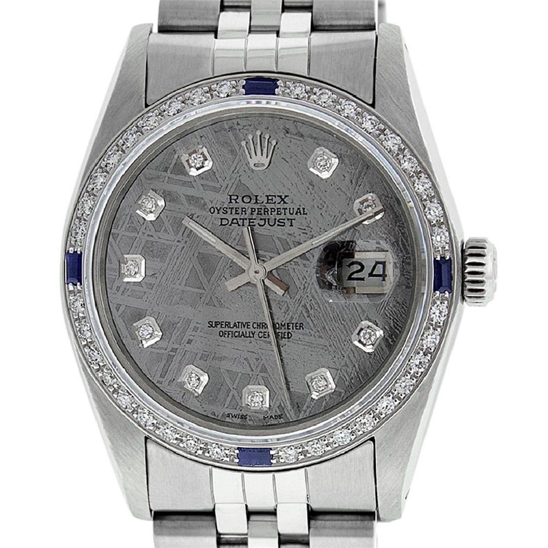 Rolex Mens Stainless Steel Meteorite Diamond And: One Mens Stainless Steel Rolex Datejust Polished, Serviced & Electronically Tested, Stainless Steel Case: 36mm, Stainless Steel Crown, Custom Bezel: New 18K White Gold Sapphire Beadset Diamond Bezel,