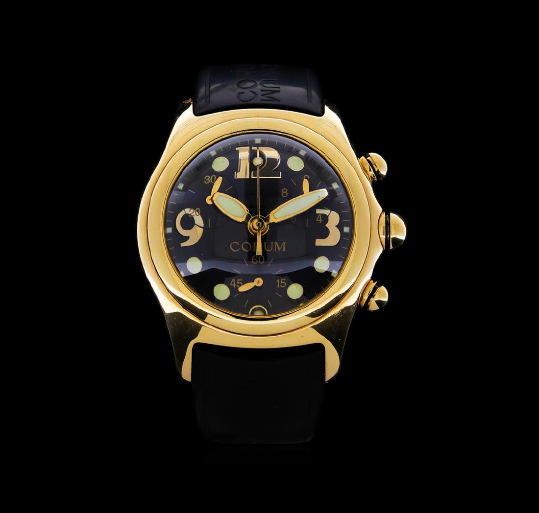Corum 18KT Yellow gold Bubble Chronograph Men's Watch: One Corum Bubble men's watch featuring: Case: 18KT yellow gold. Bezel: 18KT yellow gold. Crystal: Sapphire. Crown: Screwdown. Dial: Black color; Arabic numerals. Functions: Chronograph; date; small se