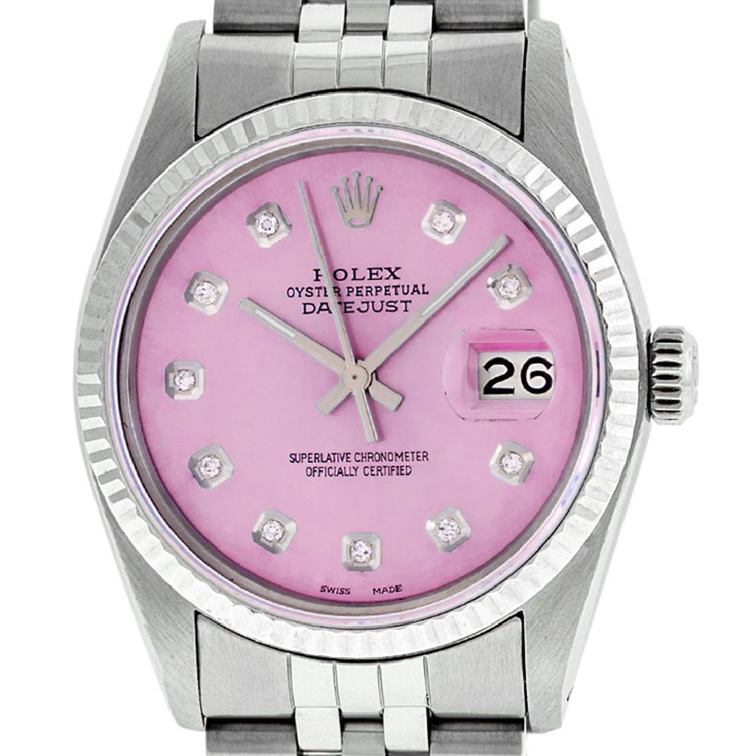 Rolex Mens Stainless Steel Pink Diamond 36MM Datejust: One Mens Stainless Steel Rolex Datejust Polished Bright with Satin Finish, This Watch Has Been Serviced & Electronically Tested, Stainless Steel Case: 36mm, Stainless Steel Crown, Bezel: 14K White Gol