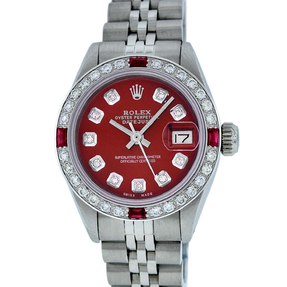 Rolex Ladies Stainless Steel Red Diamond & Ruby 26MM: One Ladies Stainless Steel Rolex Datejust Polished Bright with Satin Finish, Serviced & Electronically Tested, Stainless Steel Case: 26mm, Stainless Steel Crown, Custom Bezel: New 18K White Gold Ruby 