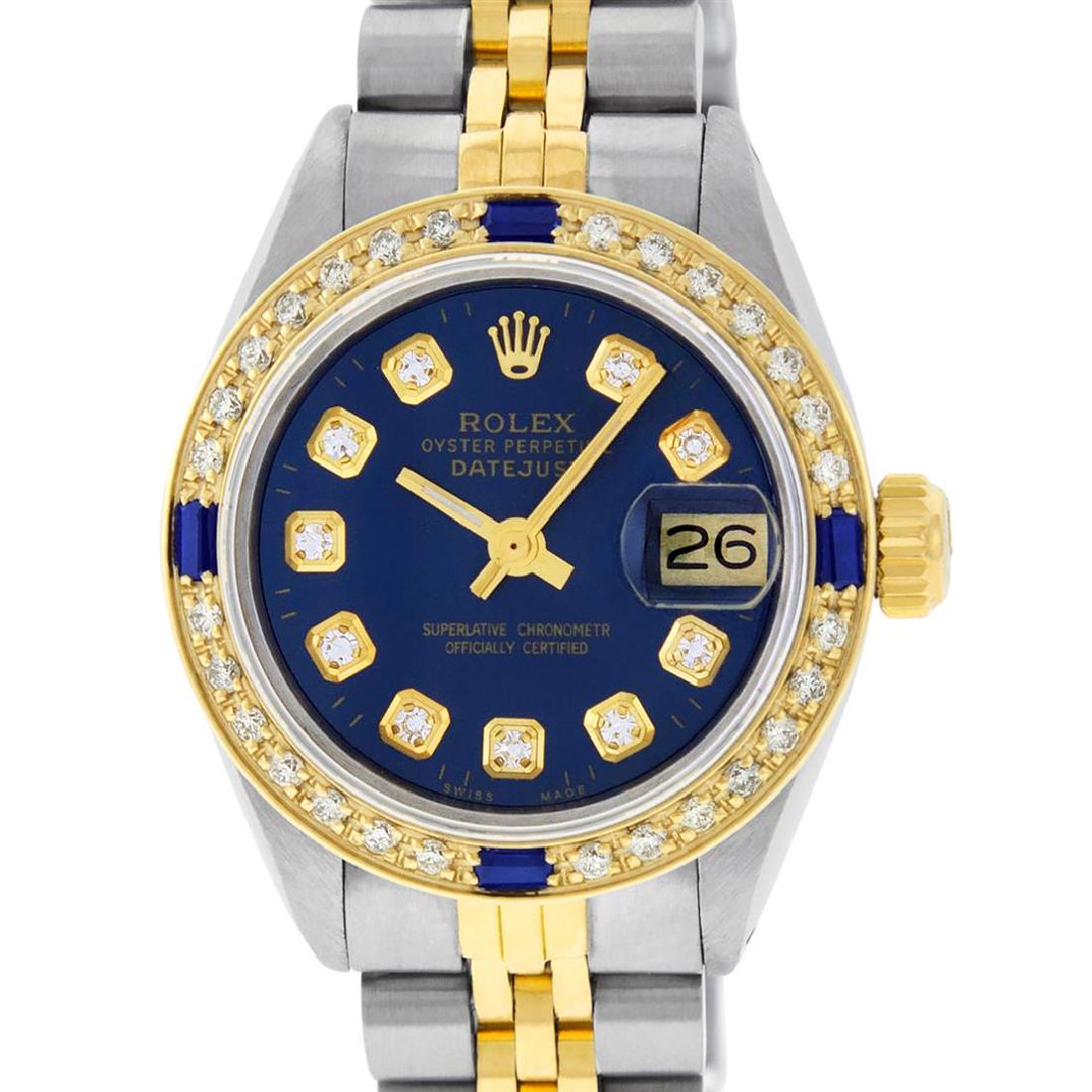 Rolex Ladies 2 Tone Blue Diamond & Sapphire Datejust: One Ladies 14K Two Tone Rolex Datejust Polished, Serviced & Electronically Tested, 14K Yellow Gold & Stainless Steel Case: 26mm, 14K Yellow Gold Crown, Custom Bezel: New 18K Yellow Gold Sapphire Beads
