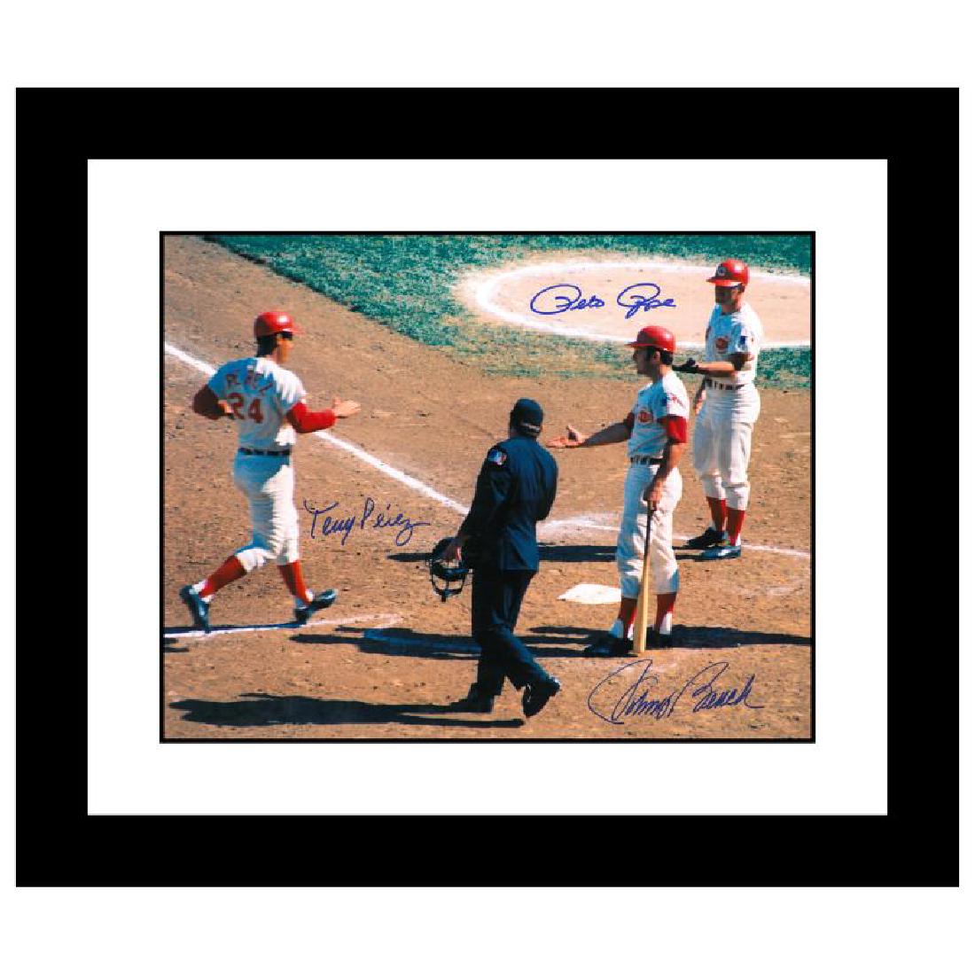 Tony Crossing the Plate by Rose, Pete: "Tony Crossing the Plate" is an archival photograph featuring Tony Perez crossing the plate and being congratulated by teammates Pete Rose and Johnny Bench was taken by photographer Sarge Marsh circa