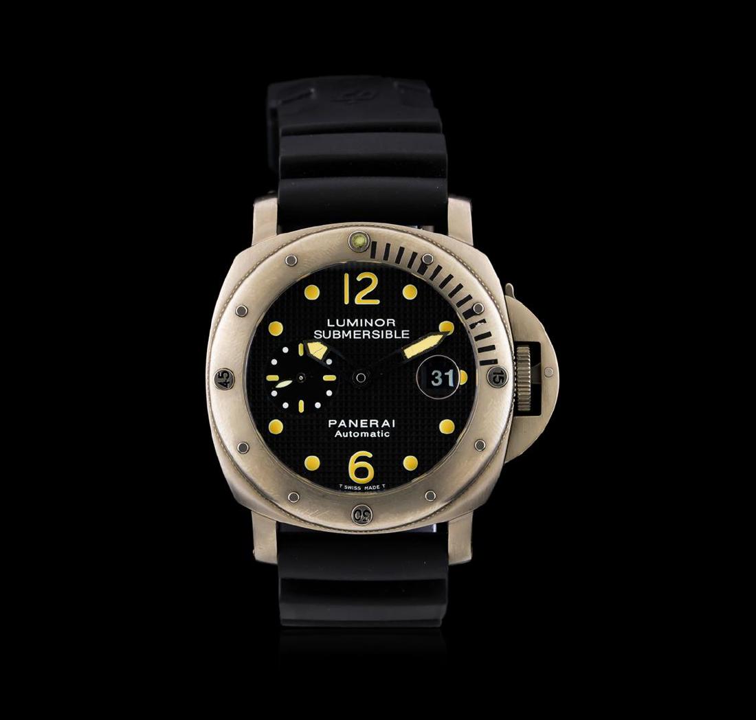 Luminor Panerai Submersible Firenze Titanium Watch: One Luminor Panerai Submersible Firenze watch featuring: Case: 52mm x 44mm, titanium, round. Dial: Textured black with Arabic numerals at 6 o'clock and 12 o'clock positions, pointed hands. Bracelet: S