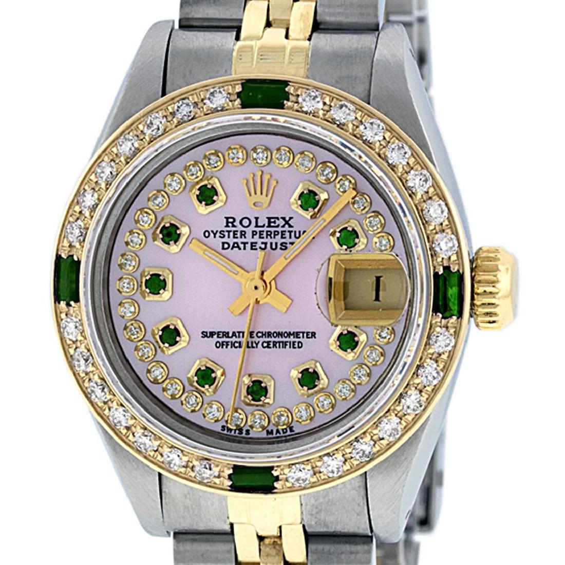 Rolex Ladies 2 Tone 14K MOP Diamond & Emerald Datejust: One Ladies 14K Two Tone Rolex Datejust Polished, Serviced & Electronically Tested, 14K Yellow Gold & Stainless Steel Case: 26mm, 14K Yellow Gold Crown, Custom Bezel: New 18K Yellow Gold Emerald Beadse